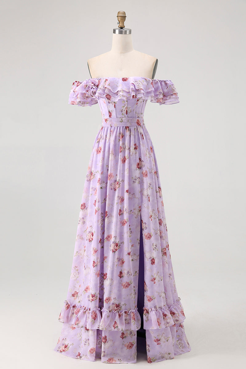 Load image into Gallery viewer, Floral Champagne A Line Off The Shoulder Ruffled Long Bridesmaid Dress with Bow