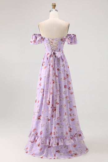 Floral Champagne A Line Off The Shoulder Ruffled Long Bridesmaid Dress with Bow