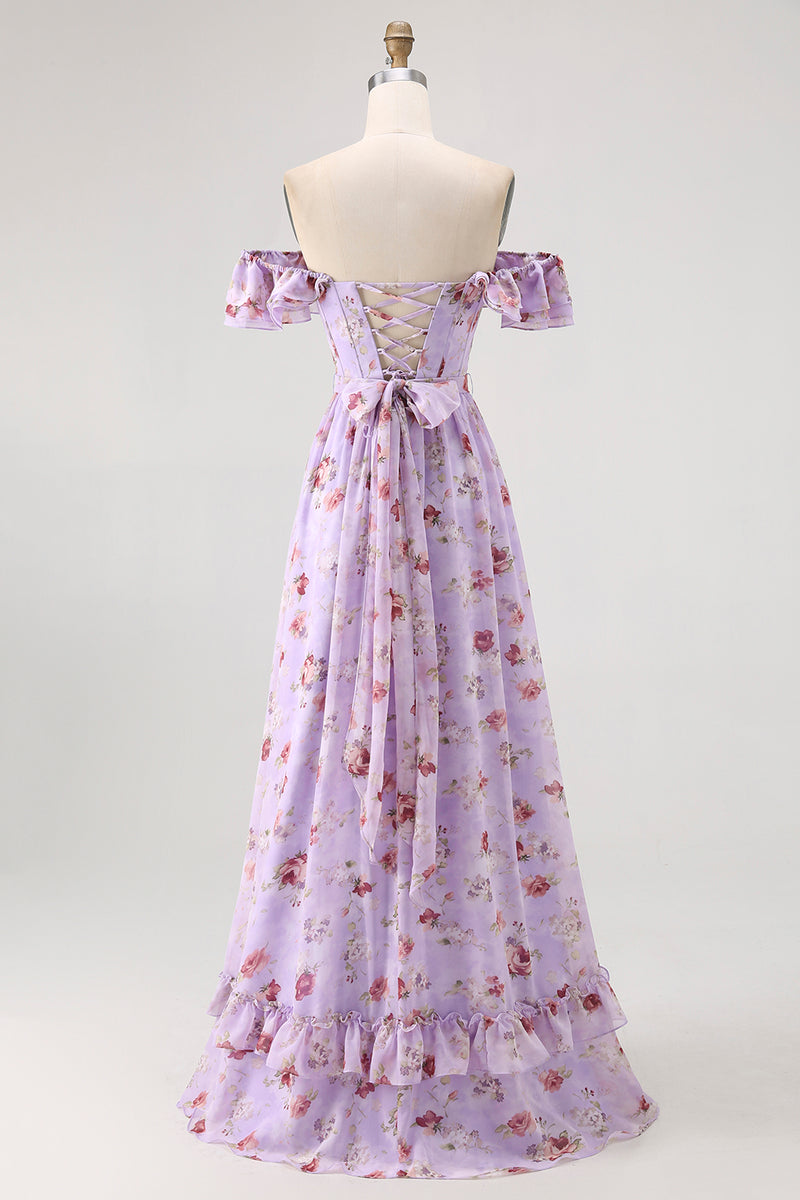 Load image into Gallery viewer, Floral Champagne A Line Off The Shoulder Ruffled Long Bridesmaid Dress with Bow