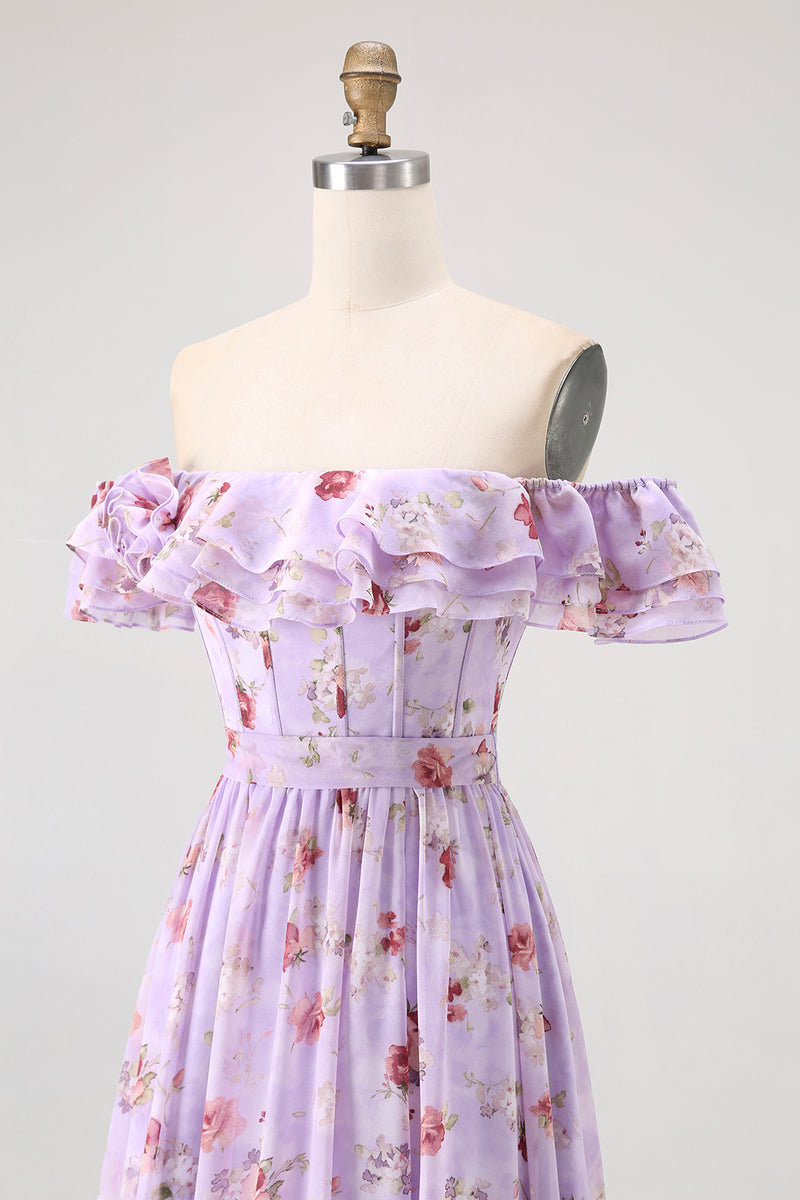 Load image into Gallery viewer, Floral Champagne A Line Off The Shoulder Ruffled Long Bridesmaid Dress with Bow