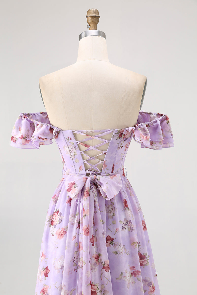 Load image into Gallery viewer, Floral Champagne A Line Off The Shoulder Ruffled Long Bridesmaid Dress with Bow