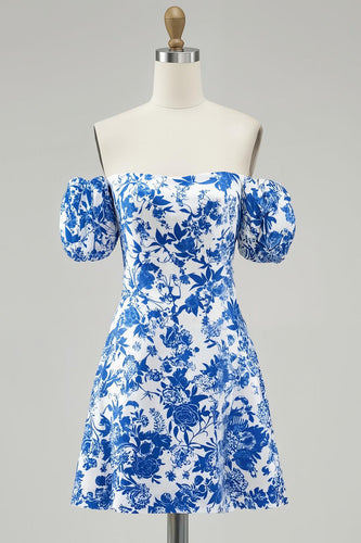 Floral Blue Chiffon Off the Shoulder Short Homecoming Dress with Sleeves