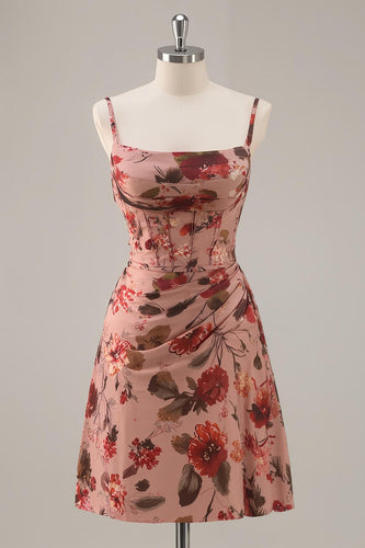 Floral Dusty Rose Ruched Chiffon Short Corset Homecoming Dress