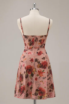 Floral Dusty Rose Ruched Chiffon Short Corset Homecoming Dress