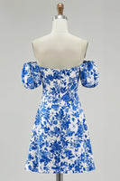 Load image into Gallery viewer, Floral Blue Chiffon Off the Shoulder Short Homecoming Dress with Sleeves