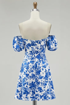 Floral Blue Chiffon Off the Shoulder Short Homecoming Dress with Sleeves