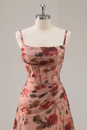 Floral Dusty Rose Ruched Chiffon Short Corset Homecoming Dress