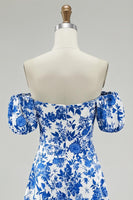 Load image into Gallery viewer, Floral Blue Chiffon Off the Shoulder Short Homecoming Dress with Sleeves
