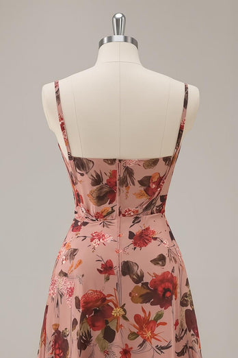 Floral Dusty Rose Ruched Chiffon Short Corset Homecoming Dress