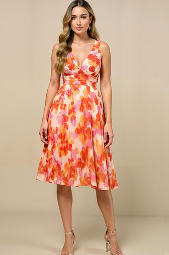 Sunset Chiffon Pleated Thick Straps Midi Wedding Guest Dress