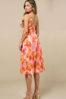 Sunset Chiffon Pleated Thick Straps Midi Wedding Guest Dress