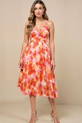 Sunset Chiffon Spaghetti Straps Midi Wedding Guest Dress with Pleats