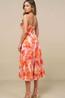 Sunset Chiffon Spaghetti Straps Midi Wedding Guest Dress with Pleats