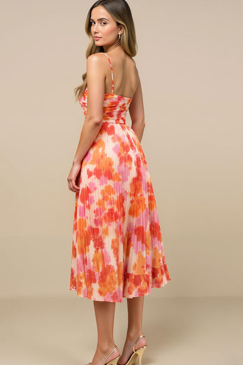 Sunset Chiffon Spaghetti Straps Midi Wedding Guest Dress with Pleats