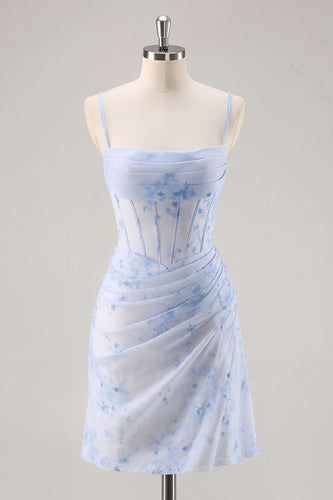 Floral Light Blue Tight Ruched Short Corset Homecoming Dress
