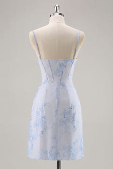 Floral Light Blue Tight Ruched Short Corset Homecoming Dress