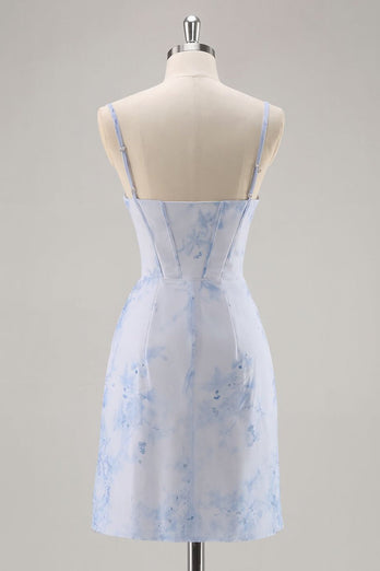 Floral Light Blue Tight Ruched Short Corset Homecoming Dress