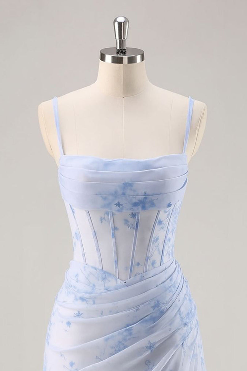 Load image into Gallery viewer, Floral Light Blue Tight Ruched Short Corset Homecoming Dress
