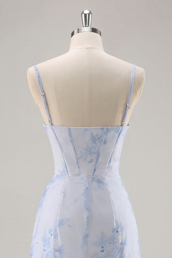 Floral Light Blue Tight Ruched Short Corset Homecoming Dress