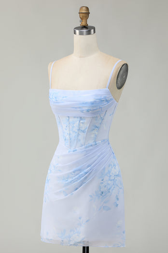 Floral Light Blue Tight Ruched Short Corset Homecoming Dress