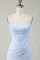 Load image into Gallery viewer, Floral Light Blue Tight Ruched Short Corset Homecoming Dress