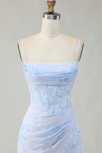 Floral Light Blue Tight Ruched Short Corset Homecoming Dress