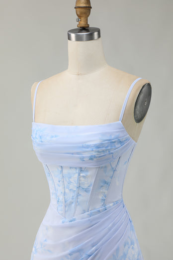 Floral Light Blue Tight Ruched Short Corset Homecoming Dress