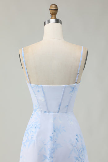 Floral Light Blue Tight Ruched Short Corset Homecoming Dress
