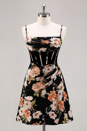 Sparkly  Floral Black A Line Short Corset Homecoming Dress with Beading
