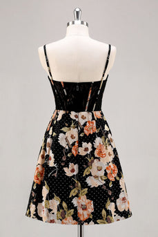 Sparkly  Floral Black A Line Short Corset Homecoming Dress with Beading