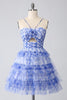 Load image into Gallery viewer, Floral Blue A Line Tiered Short Homecoming Dress with Keyhole
