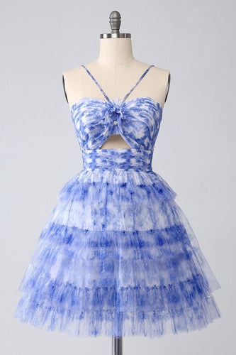 Floral Blue A Line Tiered Short Homecoming Dress with Keyhole