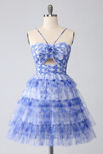 Floral Blue A Line Tiered Short Homecoming Dress with Keyhole