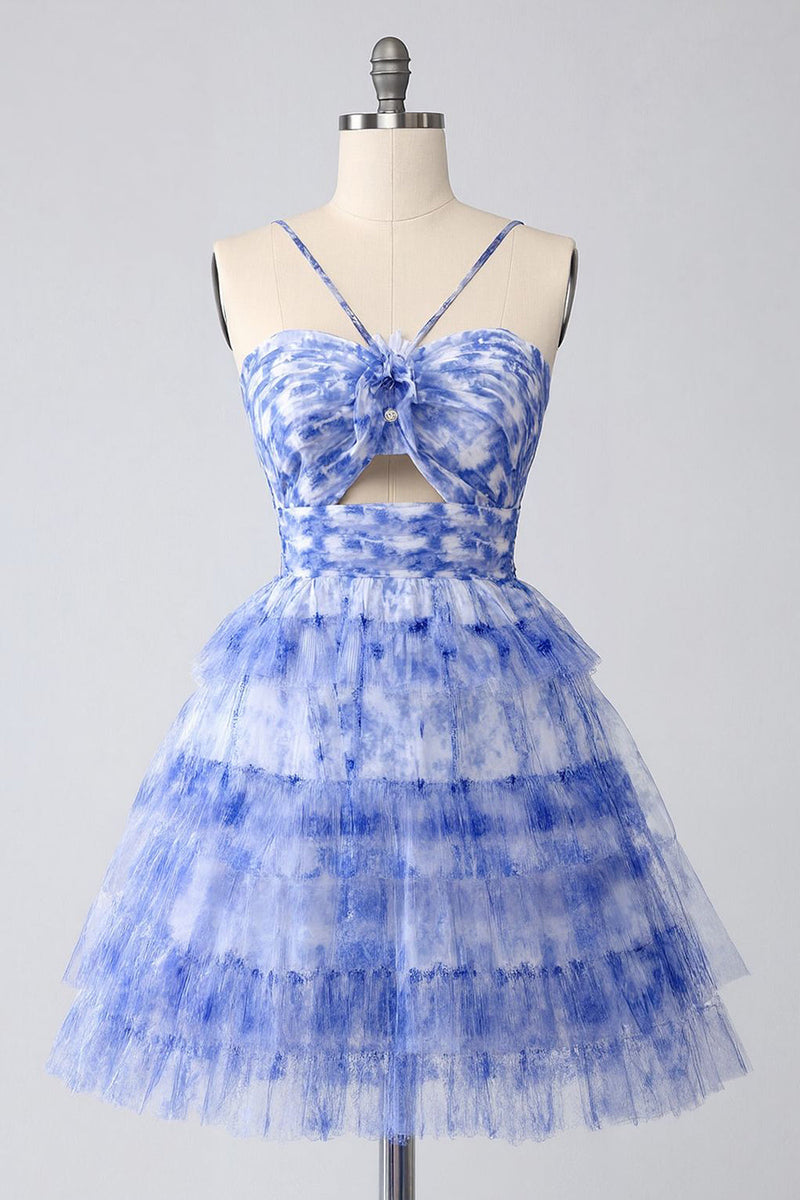 Load image into Gallery viewer, Floral Blue A Line Tiered Short Homecoming Dress with Keyhole