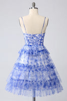 Load image into Gallery viewer, Floral Blue A Line Tiered Short Homecoming Dress with Keyhole