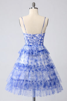 Floral Blue A Line Tiered Short Homecoming Dress with Keyhole
