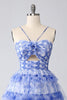 Load image into Gallery viewer, Floral Blue A Line Tiered Short Homecoming Dress with Keyhole