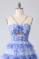 Load image into Gallery viewer, Floral Blue A Line Tiered Short Homecoming Dress with Keyhole