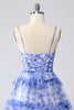 Load image into Gallery viewer, Floral Blue A Line Tiered Short Homecoming Dress with Keyhole