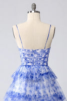 Load image into Gallery viewer, Floral Blue A Line Tiered Short Homecoming Dress with Keyhole