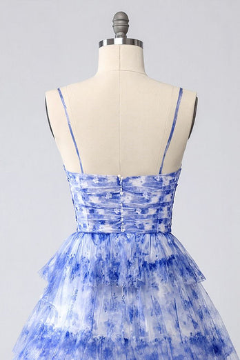 Floral Blue A Line Tiered Short Homecoming Dress with Keyhole