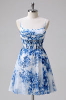 Load image into Gallery viewer, Floral Blue Tulle A Line Ruched Short Corset Homecoming Dress