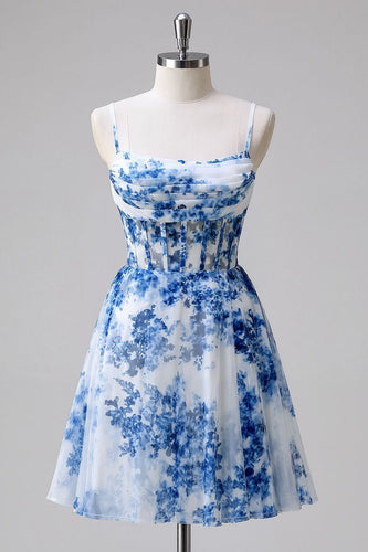 Floral Blue Tulle A Line Ruched Short Corset Homecoming Dress