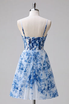 Floral Blue Tulle A Line Ruched Short Corset Homecoming Dress
