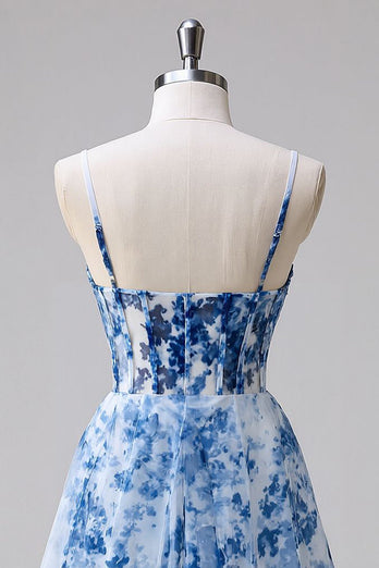 Floral Blue Tulle A Line Ruched Short Corset Homecoming Dress