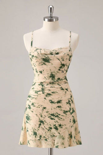 Floral Champagne Chiffon Ruched Ruffled Short Homecoming Dress