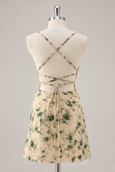 Floral Champagne Chiffon Ruched Ruffled Short Homecoming Dress