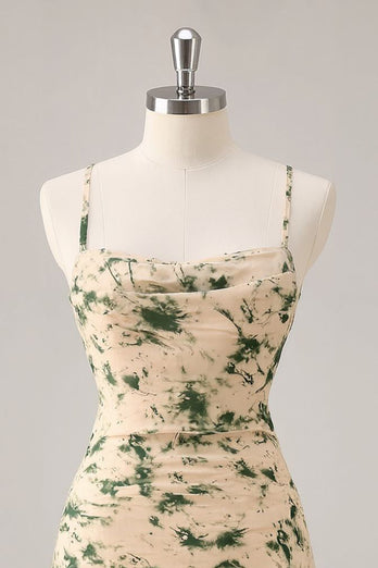 Floral Champagne Chiffon Ruched Ruffled Short Homecoming Dress
