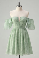 Load image into Gallery viewer, Floral Sage Green Off the Shoulder Short Homecoming Dress with Ruffles