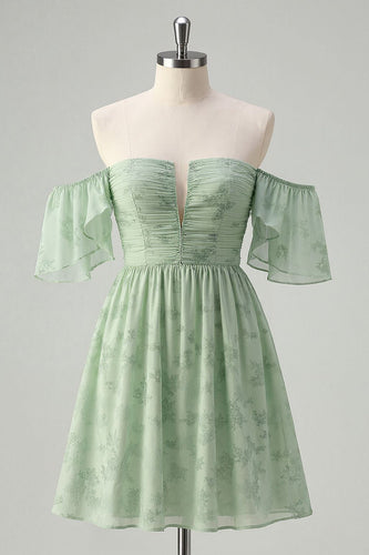 Floral Sage Green Off the Shoulder Short Homecoming Dress with Ruffles